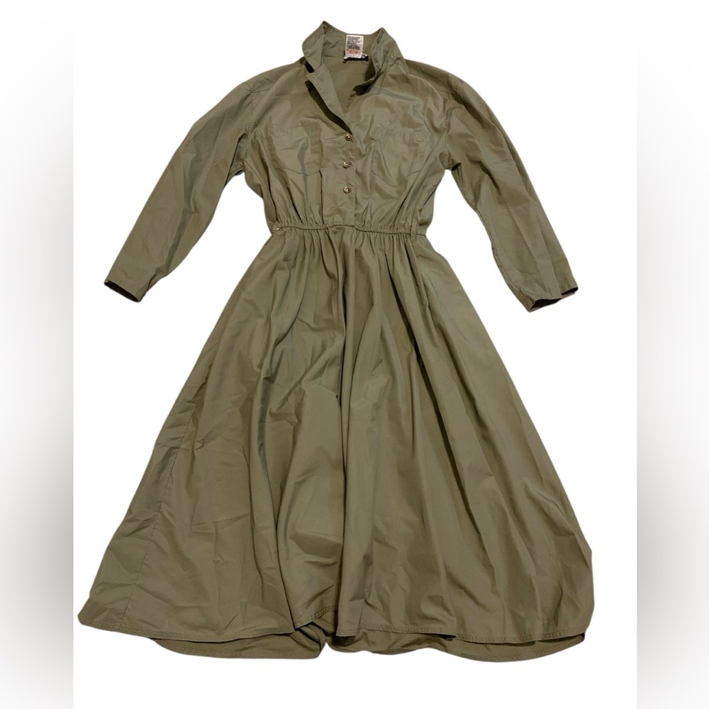 Vtg RAOUL Safari Utility Shirt Dress with Belt - Olive Green - Maxi- Soze 14